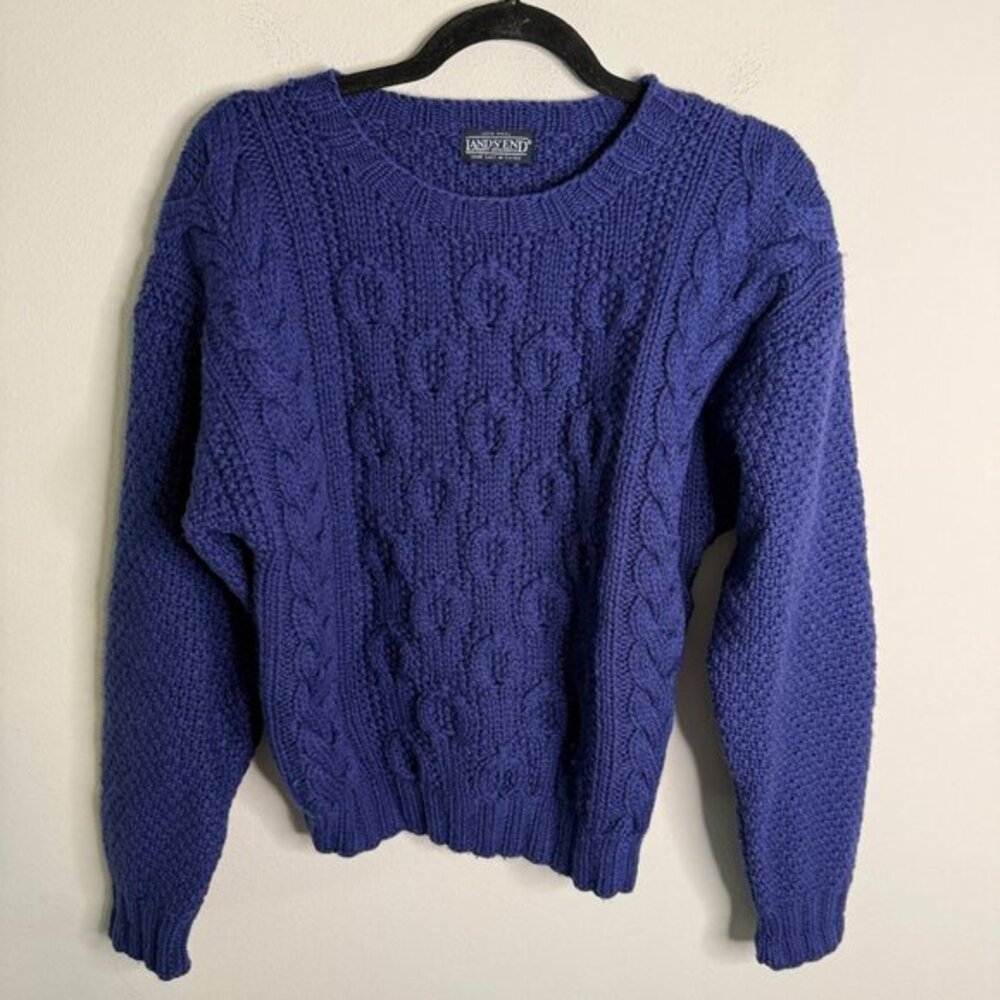 Lands End Womens Blue 100% Wool Cable Knit Sweater Vintage Hand Knit Crew Neck M
